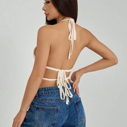 Solid Tie Back Halter Top – เสื้อคล้องคอสีพื้นผูกหลัง