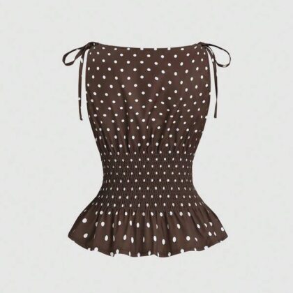 Polka Dot Bow Shoulder Tie Waist Top – เสื้อลายจุดผูกโบว์ไหล่รูดเอว