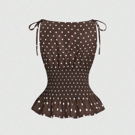 Polka Dot Bow Shoulder Tie Waist Top – เสื้อลายจุดผูกโบว์ไหล่รูดเอว