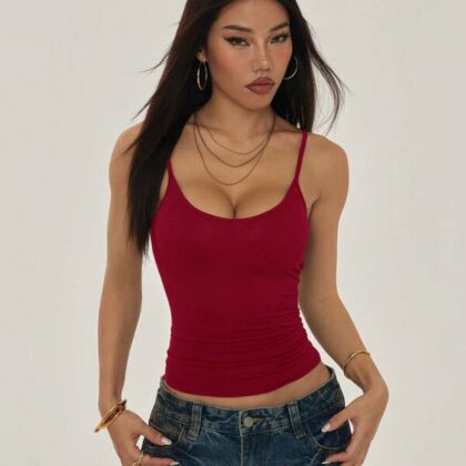 Solid Round Neck Open Back Fitted Tank – เสื้อกล้ามสีพื้นคอกลมหลังเปิด