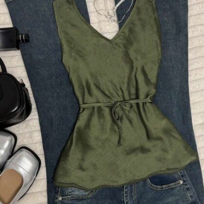 INAWLY Solid Tie Front Summer Tee – เสื้อผ้าลายเรียบผูกหน้าฤดูร้อน INAWLY