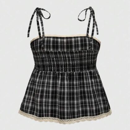 ROMWE Academia Plaid Lace Vintage Crop Top – เสื้อเอวลอยลูกไม้ลายสก็อตวินเทจ ROMWE