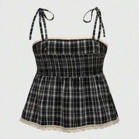 ROMWE Academia Plaid Lace Vintage Crop Top – เสื้อเอวลอยลูกไม้ลายสก็อตวินเทจ ROMWE