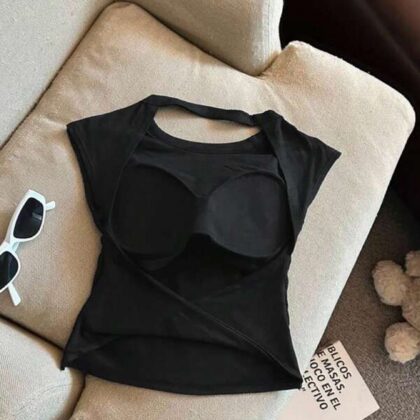 Solid Round Neck Open Back Fitted Women Tank – เสื้อกล้ามสีพื้นคอกลมหลังเปิดผู้หญิง