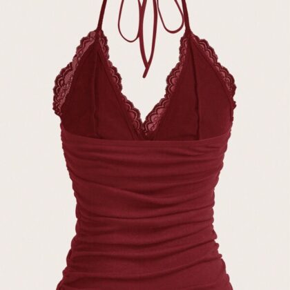 ROMWE PUNK Lace Contrast Ruched Halter Top – เสื้อคล้องคอลูกไม้คอนทราสต์จับจีบ ROMWE PUNK