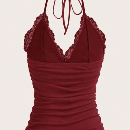 ROMWE PUNK Lace Contrast Ruched Halter Top – เสื้อคล้องคอลูกไม้คอนทราสต์จับจีบ ROMWE PUNK