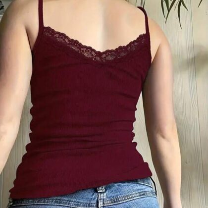 Cévolie Lace Neck Solid Rib Woven Summer Tank – เสื้อกล้ามคอลูกไม้ทอลายริ้วสีพื้น Cévolie