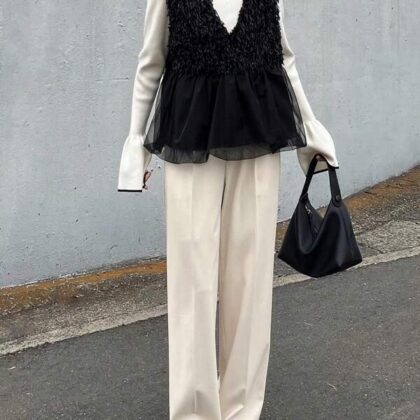 FRIFUL Velvet Pleated Loose Layer Fall Black Tank – เสื้อกล้ามกำมะหยี่พลีทหลวมเลเยอร์ฤดูใบไม้ร่วง FRIFUL