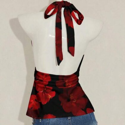 Halter Deep V Floral Open Back Beach Holiday Tank – เสื้อกล้ามฮาลเตอร์คอวีลึกลายดอกไม้หลังเปิดชายหาด