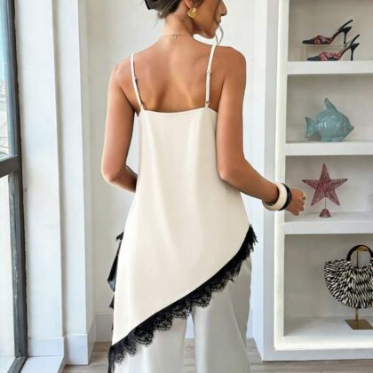 Louniche Urban Lace Asymmetric V-Neck Solid Patchwork Cami 2 – เสื้อสายเดี่ยวลูกไม้คอวีสไตล์เมือง Louniche