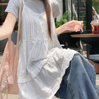 DAZY Contrast Ruffle Lace Summer Fashion Tank – เสื้อกล้ามลูกไม้ระบายสีคอนทราสต์ฤดูร้อน DAZY