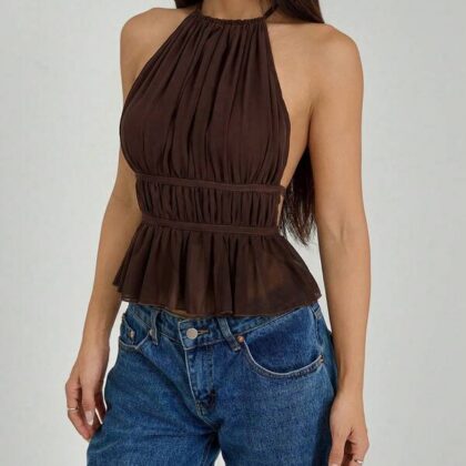 Petite Ruched Tie Waist Open Back Halter – เสื้อกล้ามจับจีบคล้องคอผูกเอวเว้าหลังไซส์เล็ก