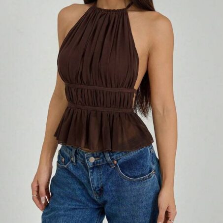 Petite Ruched Tie Waist Open Back Halter – เสื้อกล้ามจับจีบคล้องคอผูกเอวเว้าหลังไซส์เล็ก