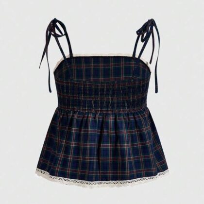 ROMWE Academia College Vintage Plaid Lace Collar Cami – เสื้อกล้ามวินเทจลายสก็อตคอลูกไม้ ROMWE Academia