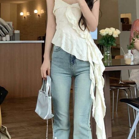 Destroyed Fold Waist Ruffle Retro Summer Camisole – ท็อปคามิโซลเดสทรอยด์พับเอวระบายย้อนยุค